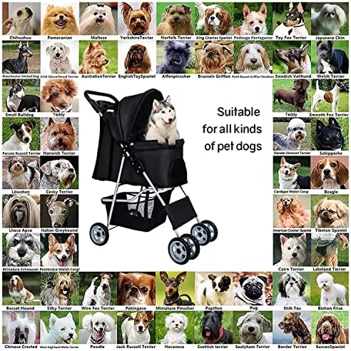 BestPet | 4-Wheel Foldable Pet Stroller | Black | Lightweight & Portable | Travel Carrier with Mesh Windows, Storage Basket, Cup Holder, Safety Brakes, and Waterproof Fabric | For Small Dogs and Cats