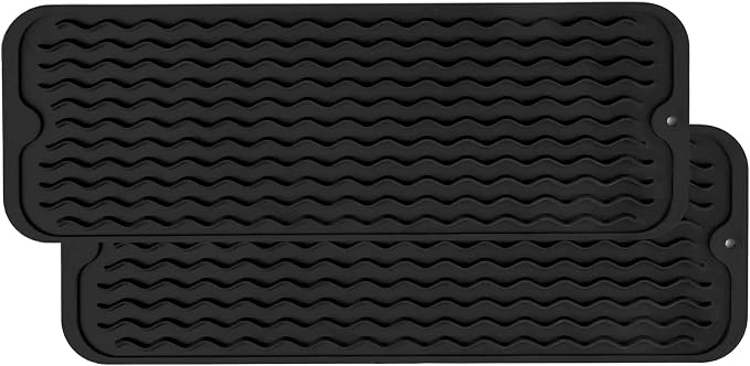 ZLR Small Dish Drying Mat for Kitchen Counter, 6"x17", 2-Pack, Black | Narrow Silicone Drainer for Apartment, Dorm & RV, Wavy Ridges Quick-Dry, Non-Slip, Rolls Up, Dishwasher Safe