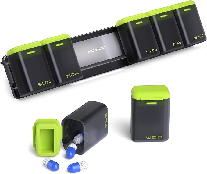 KOVIUU Weekly Pill Organizer, Magnetic Medicine Vitamin Case 1 Time a Day | Week Once Daily Supplement Box, Removable Medication Container Holder for Fridge, 7 Day Large Travel Pill Dispenser, Green