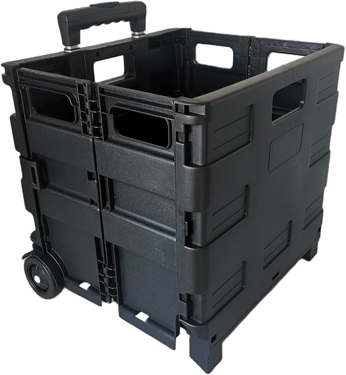 SECO Large Foldable Rolling Crate | Plastic Storage Box with Wheels | Black | Large Foldable Rolling Crate | 77 lb Capacity | Telescopic Handle | Smooth-Rolling Wheels | Flat Storage