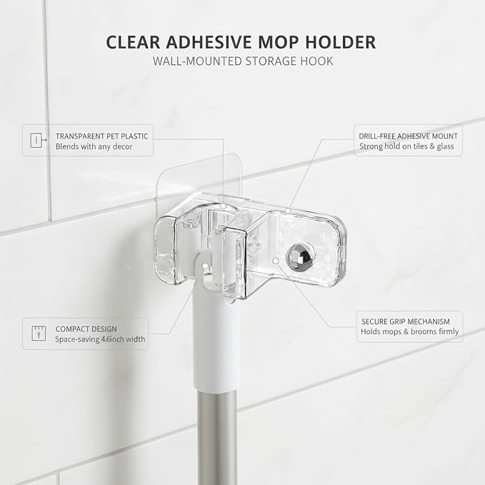 Clear Adhesive Mop Holder, Wall-Mounted Storage Hook for Brooms and Cleaning Tools, Drill-Free PET Plastic Mount for Bathroom and Kitchen Tiles (1 PC)