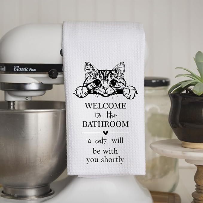 KIDEAR Funny Cat Bathroom Decor Welcome to The Bathroom Hand Towel,1 PCS Cute Cat Kitchen Towels for Toilet Wall Decorations,Cute Animal, Gifts for Women, Pet Owners Housewarming - A11