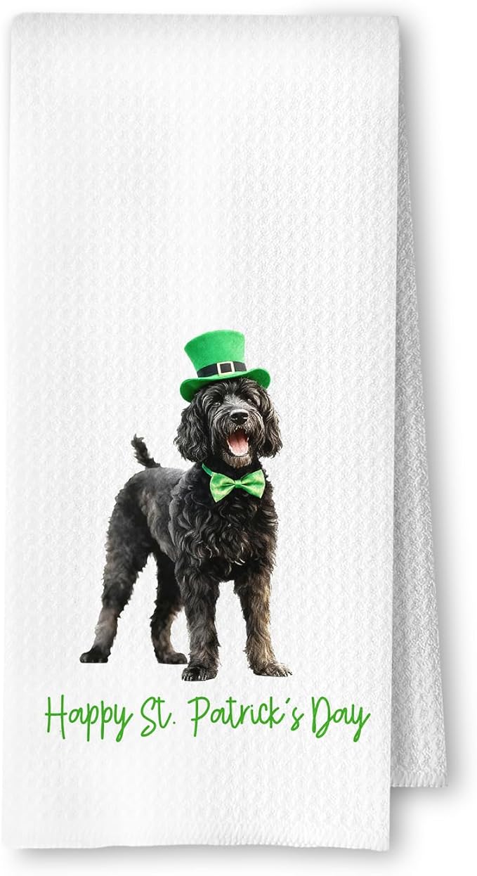 St. Patrick's Day Black Goldendoodle Kitchen Towels, Black Goldendoodle Gifts Dish Tea Towel for Kitchen, Irish Leprechaun Hat Dog Hand Towels for Bathroom Decor, 16x24 Inches