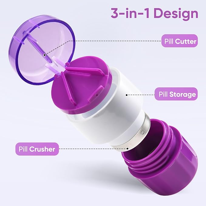3-in-1 Pill Crusher and Cutter (Purple) | Pills Crusher Fine Powder with Stainless Steel Grinding Head, Storage for Tablets, Cutter Splitter for Small and Tiny Pills