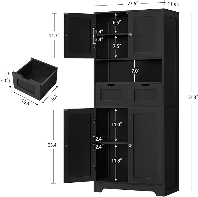 TEENFON 57.8" H Tall Storage Cabinet with 2 Drawers & 2 Adjustable Shelves, Floor Cabinet with 4 Doors, Tall Cabinet for Living Room, Dining Room, Entryway, Black