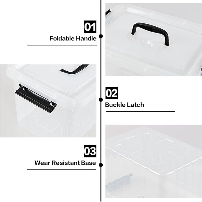 12 L Plastic Storage Bin with Lid, Clear Latch Storage Box, 4 Pack | Top Handle Design, Organize Daily Items