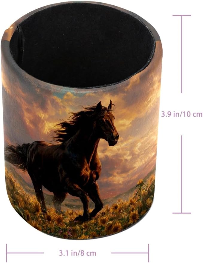 Faux Leather Pen Holder for Desk, Pencil Organizer Horse and Sunflowers Pen Cup Desk Decor Makeup Brush Holder Storage for Office Home