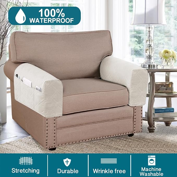 2-Pack Waterproof Armrest Covers for Couches & Chairs – Anti-Slip Furniture Protectors with Side Pockets, Washable Sofa Arm Covers, Universal Stretch Fit (Fits Most Armrests) (Beige)