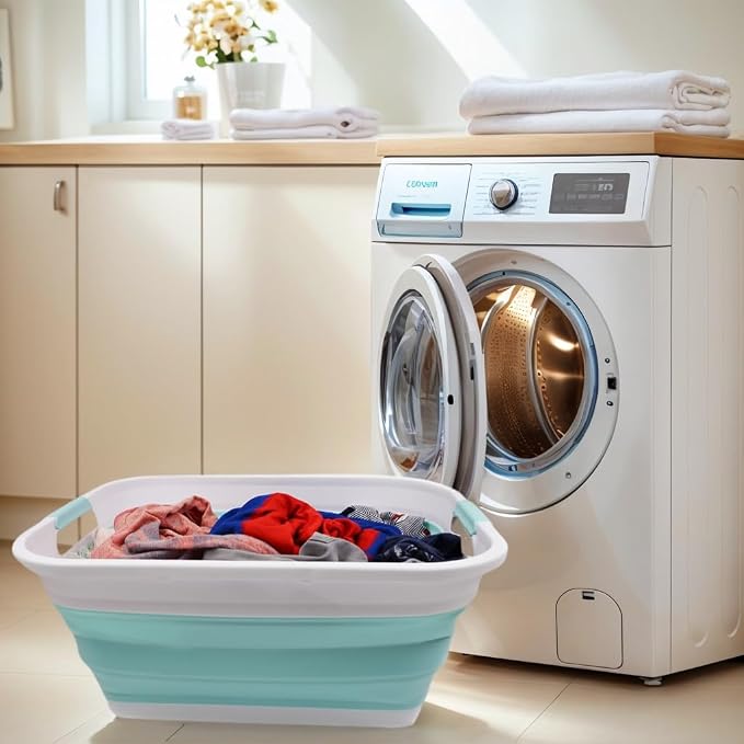 SAMMART 41L (10.8 gallon) Collapsible Plastic Laundry Basket-Foldable Pop Up Storage Container/Organizer-Portable Washing Tub, Water capacity: 32L (8.4 gallon) (Rectangular, White/Lake Green)