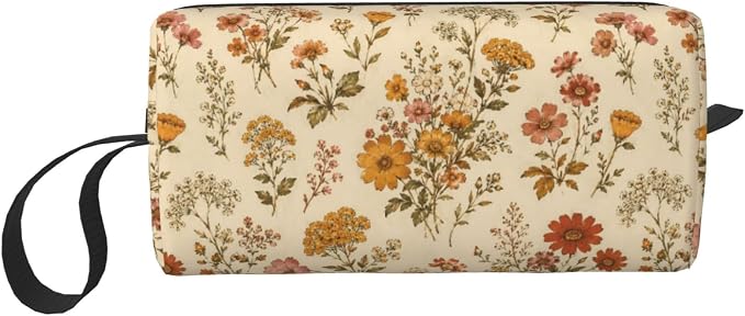 70s Vintage Wildflower Makeup Bag for Women | Small Travel Cosmetic Pouch with Zipper, Compact Makeup Organizer Bag for Purse, Toiletries, Skincare & Daily Essentials