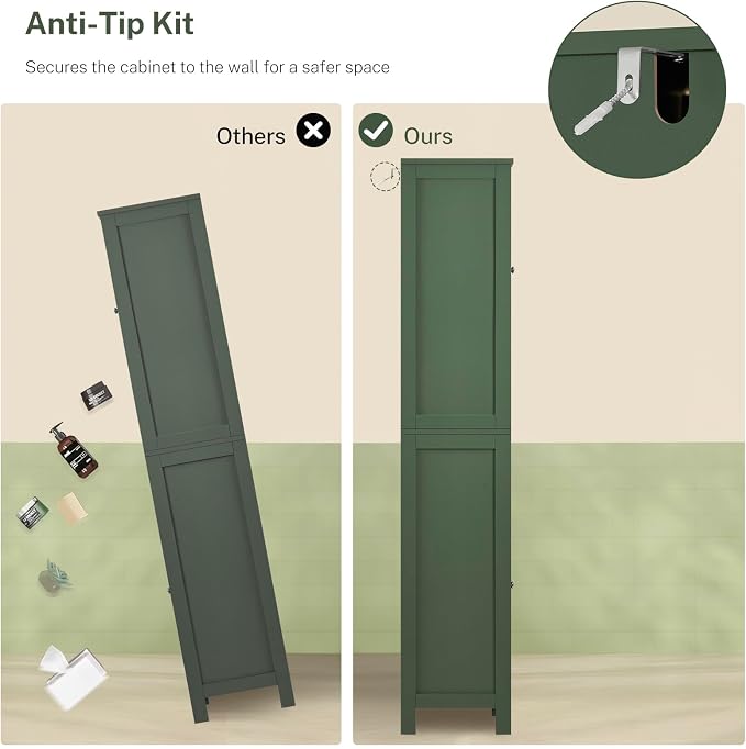 TEENFON 67" Tall Bathroom Cabinet with Adjustable Shelves and Doors, Narrow Bathroom Storage Cabinet for Small Space, Living Room, Entryway, Kitchen, Green