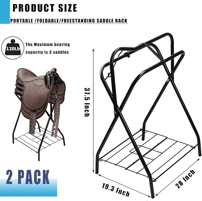 2 Pack Saddle Rack Portable Folding Horse Saddle Stand for English and Western Saddles,28" L x 19" W x 37.5" H