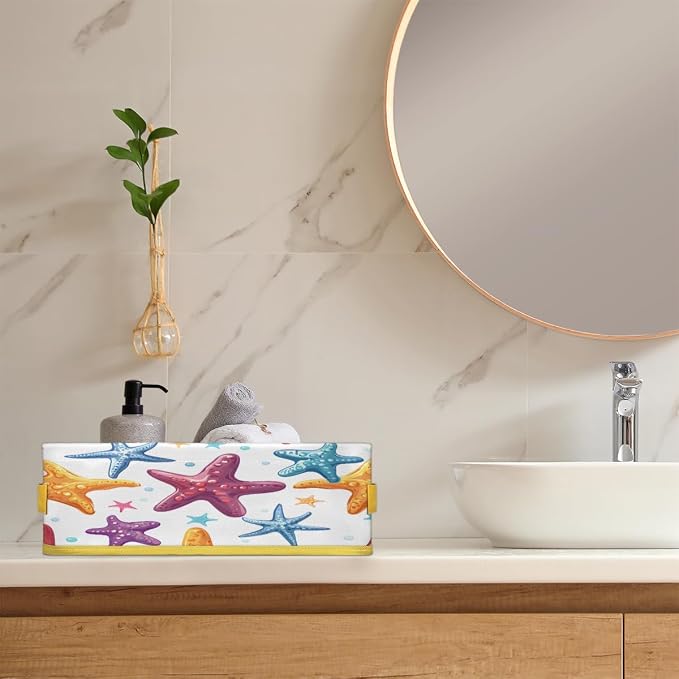 Color Starfish Bathroom Storage Basket Waterproof Foldable Storage Bins with Handles Decorative Toilet Paper Storage Basket for Organizing for House Bathroom Toiletries Set of 2
