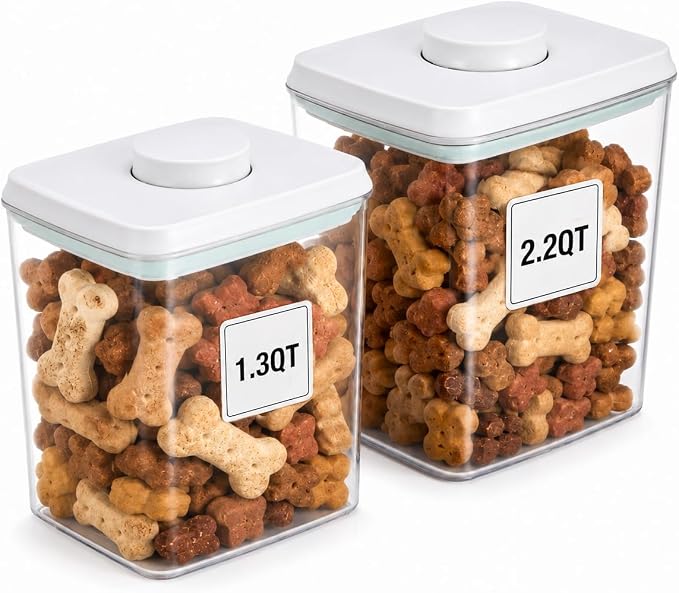 Pet Dog-Cat POP-Treat Airtight jar-Container - 1.3 Qt/1.2 L and 2.2 Qt/2 L | Stackable One-Touch Opening | For Snacks Candy Salt Herbs Spices | BPA-Free