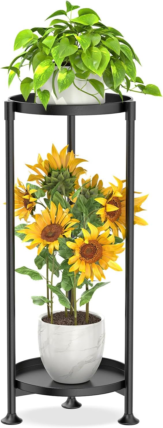 KMOTASUO 2 Tier Metal Plant Stand Tall for Indoor Outdoor Corner, Black | Heavy Duty Flower Holder Rack, Modern Vertical Iron Shelf for Patio Bathroom Office Garden