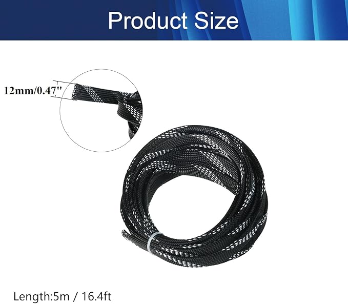 Jutagoss PET Expandable Braided Cable Sleeve, 16.4ft - 1/2 inch Black White Cable Management Sleeve, Wire Loom Tube Cord Protector for USB Cable, Power Cord, Audio Video and More, 1Pc
