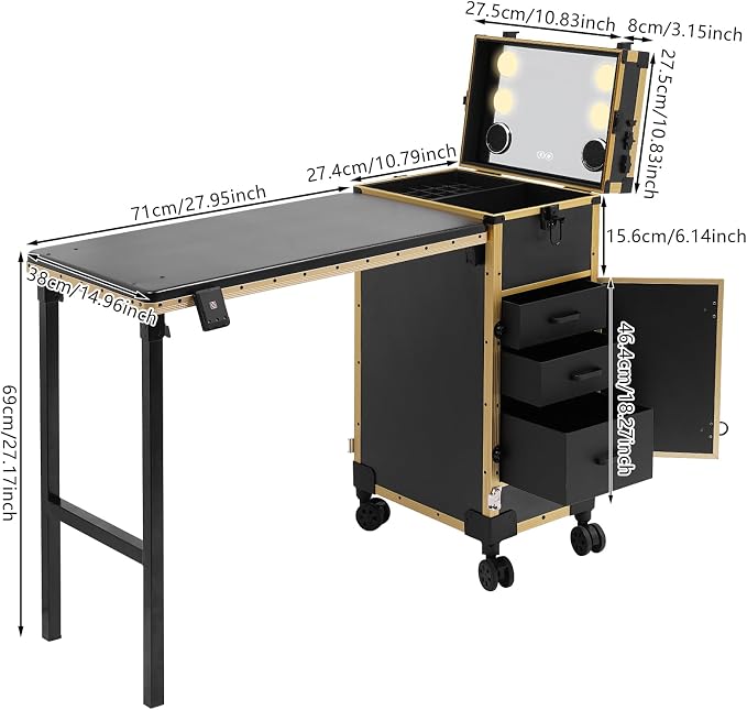 Professional Cosmetic Trolley Storage Organizer, Foldable Nail Tables Travel Cosmetic Trolley Storage Organizer w/ 4 Drawers Mirror & Speaker for Hair Stylists Pet Groomers Makeup Artists (Black Gold)