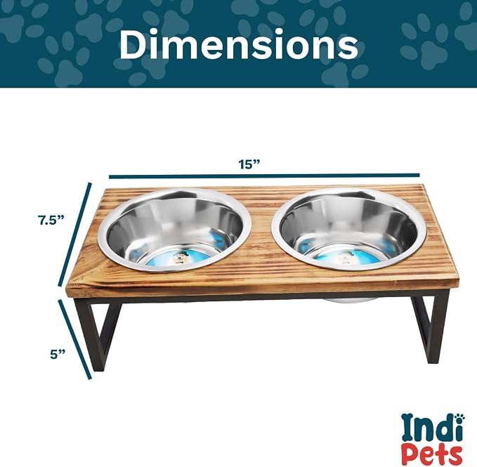 Indipets Elevated Dog/Cat Feeder with Bowls // Solid Wood Stand with Two Removable Stainless Steel Bowls // for Cats and Small, Medium, Large Size Dogs (Medium)