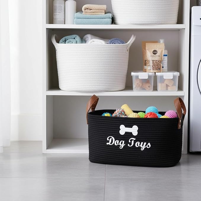 Morezi Dog toy basket, 16.5"x10.6"x 7.5" puppy toy basket bins, pet organizer, laundry basket storage bin - Perfect for organizing toys, blankets, leashes, coat and stuff - Black