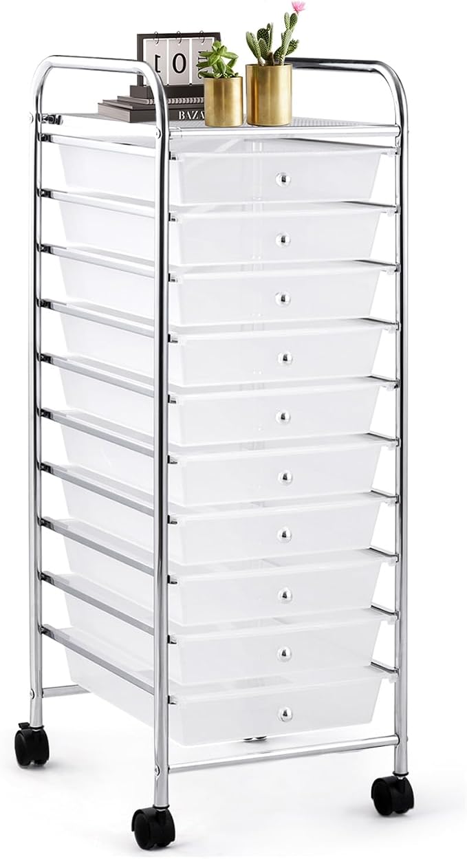 10 Drawer Rolling Storage Cart, Organization Cart with Drawers for Craft Makeup Paper Tool Art Supply, Versatile Utility Cart on Wheels for Home Office Classroom School (Clear)