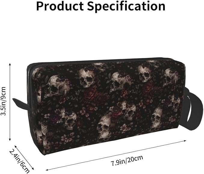 Dark Gothic Flower Skeleton Makeup Bag for Women | Small Travel Cosmetic Pouch with Zipper, Compact Makeup Organizer Bag for Purse, Toiletries, Skincare & Daily Essentials