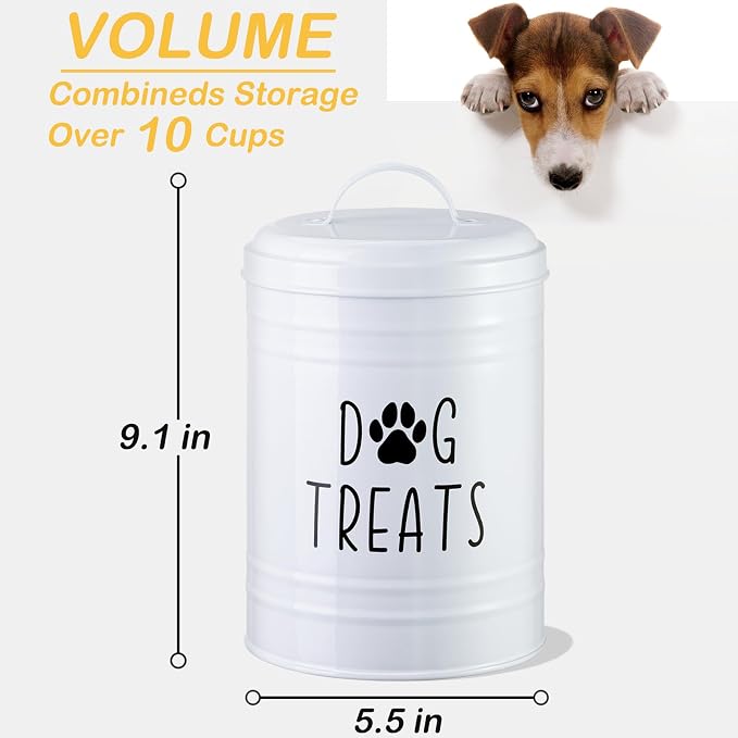 Dog Treat Container Airtight, 9.1''Hx5.5''W, 10 Cup Capacity (White) | Airtight Lid Keep Food Fresh,Large Capacity Dog Treat Jar Suitable All Popular Treats,Dent-Resistant Durable Metal Cookie Jar