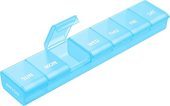 AUVON Weekly Pill Organizer with Effortless Opening Design, BPA-Free | Arthritis Friendly Pill Box, Cute Pill Organizer 7 Day, Portable Pill Case for Vitamins, Supplements and Medications, Blue