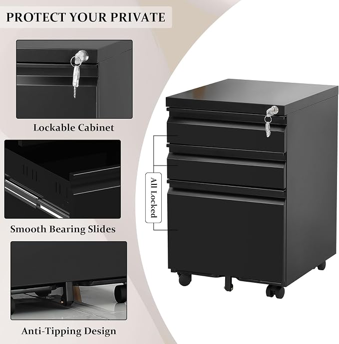 3-Drawer Mobile File Cabinets Rolling Metal Filing Cabinet for Legal & Letter File Anti-tilt Design with Lock Under Desk Office Drawers,Requires Assembly,Black