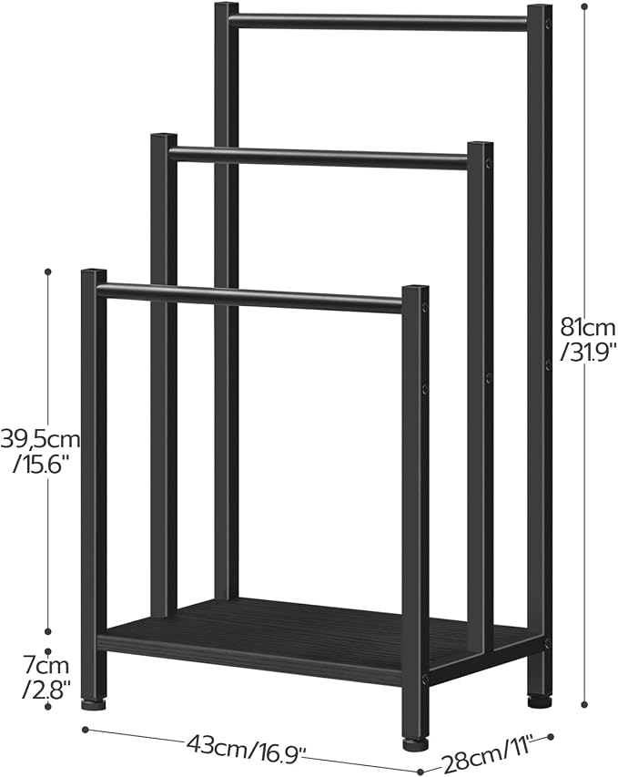 HOOBRO Free Standing Towel Rack, 3 Tier Blanket Rack, Blanket Holder for Bathroom, 16.9" L x 11" W x 31.9" H, Industrial Metal Drying and Display Rack with Shelf, Black BB03LB01