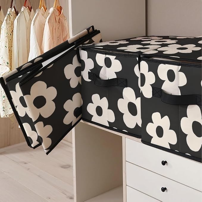 Stackable Clothes Storage Bins with Lids 3 Pack | Closet Organizers Fabric Cat Printing Box for Home and Office,Blanket Clothes Organizers,Under Bed Storage Containers