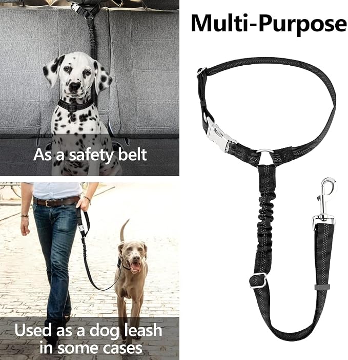Plutus Pet Dog Seat Belt for Car Headrest, Reflective with Elastic Bungee | Adjustable Restraint for Safety, Vehicle Seatbelt Harness for Small Medium Large Dogs and Cats, Black
