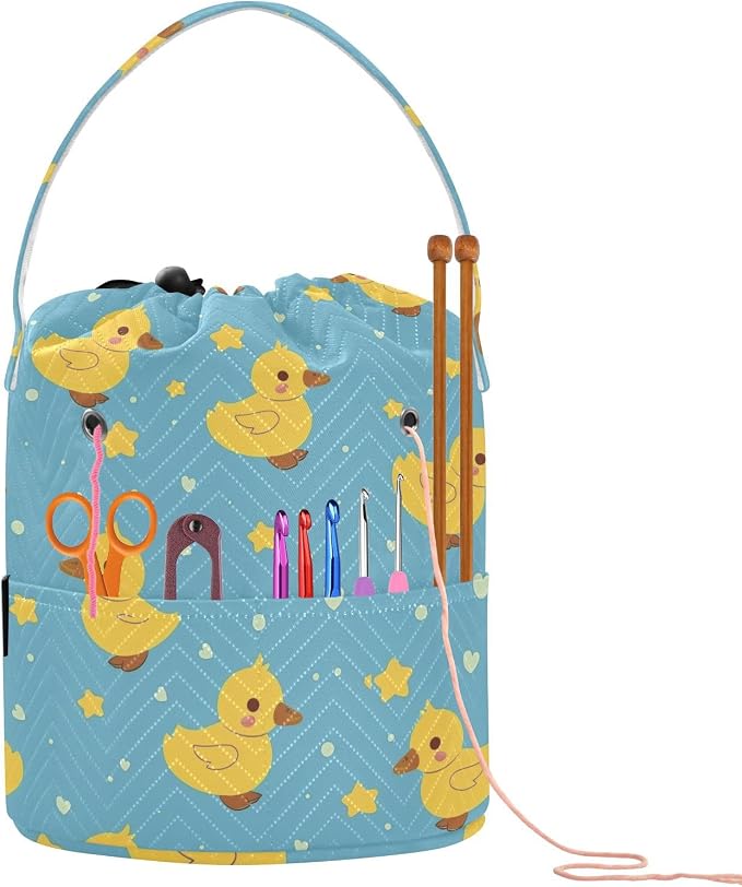 Fustylead Cute Yellow Duck and Hearts Stars Knitting Yarn Storage Tote Basket, Durable Polyester Large Crochet Drawstring Bag for Crocheting Project, Sewing Supplies, Needles