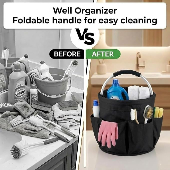 Foldable Cleaning Organizer Caddy With Handle 17L Large Cleaning Supplies Organizer 600D Oxford Portable Organizer Bucket With 6 Pockets for Home Bathroom Garden Garage Bedroom