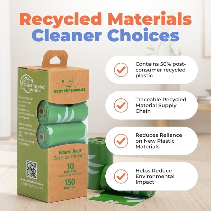 Best Pet Supplies GRS Poop Bags for Dogs - 300 Count, Green, Unscented | Unscented, 50% Post-Consumer Recycled Plastic, Leak-proof, Easy-Tear perforations, Thick Bags, Fits Standard Holders