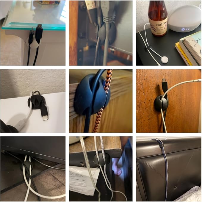 Desk Cable Management Cord Organizer, 16 Pack White Self Adhesive Cord Holder Cable Clips, Ideal Cable Organizer Wire Keeper for Desk, Nightstand, Phone Charger, Computer, Home, Office, Car