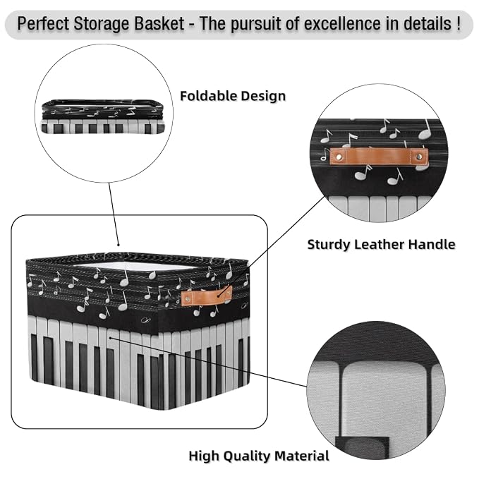 SEULIFE Abstract Piano Music Note Foldable Storage Basket, Large Collapsible Organizer Storage Bin Cube Toys Storage Boxes with Handles for Bathroom Kids Nursery Closet Storage, 2 Pack