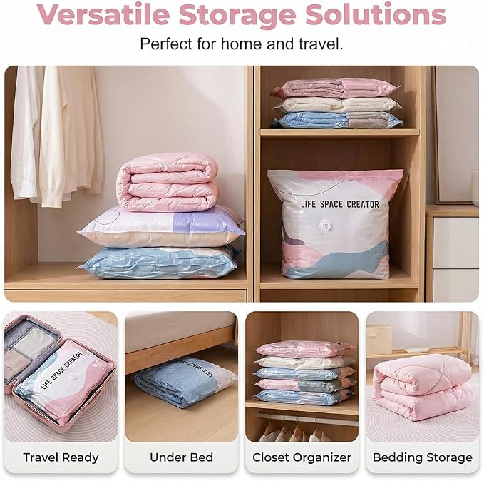 No-Pump Vacuum Storage Bags, 2026 New Reusable Space Saver Bags, 3-Sec Fast Compression, Air Tight Compression Storage Bags for Clothes, for Clothes, Comforters, Blankets (1PCS, Large)