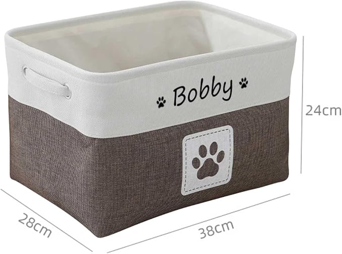 Custom Name Pet Dog Toys Basket/Bin, Paw Custom Personalized Logo Cat Clothes Box Accessories Organize Storage Bin, 4 Patterns Round Paw, Classic Paw, Heart or Name Only (Brown)