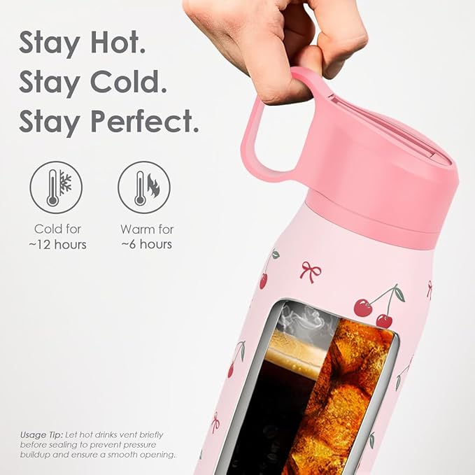 Cherry Water Bottle with Twist Lid Insulated Stainless Steel 20oz, Travel Water Bottles for Sports & Gym, Gift for Women Girfriend Birthday Christmas