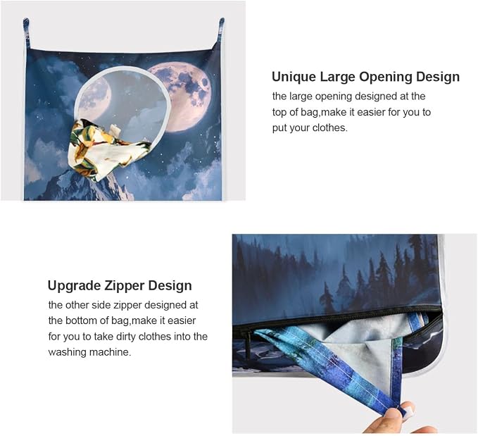 1PC Hanging Laundry Hamper Bag Over the Door Laundry Hamper Wall Hamper Large Dirty Clothes Hamper with Stainless Steel Hooks 29.5x20Inch Blue Wolf Moon