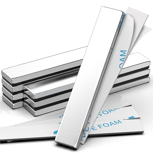 Rare Earth Neodymium Magnets with Double Sided Adhesive, 60x10x3 mm, 8 Pack | Heavy Duty Strong Magnets, Rectangular Bar Magnets Strip for Fridge Kitchen Garage Office Science Craft, Silver