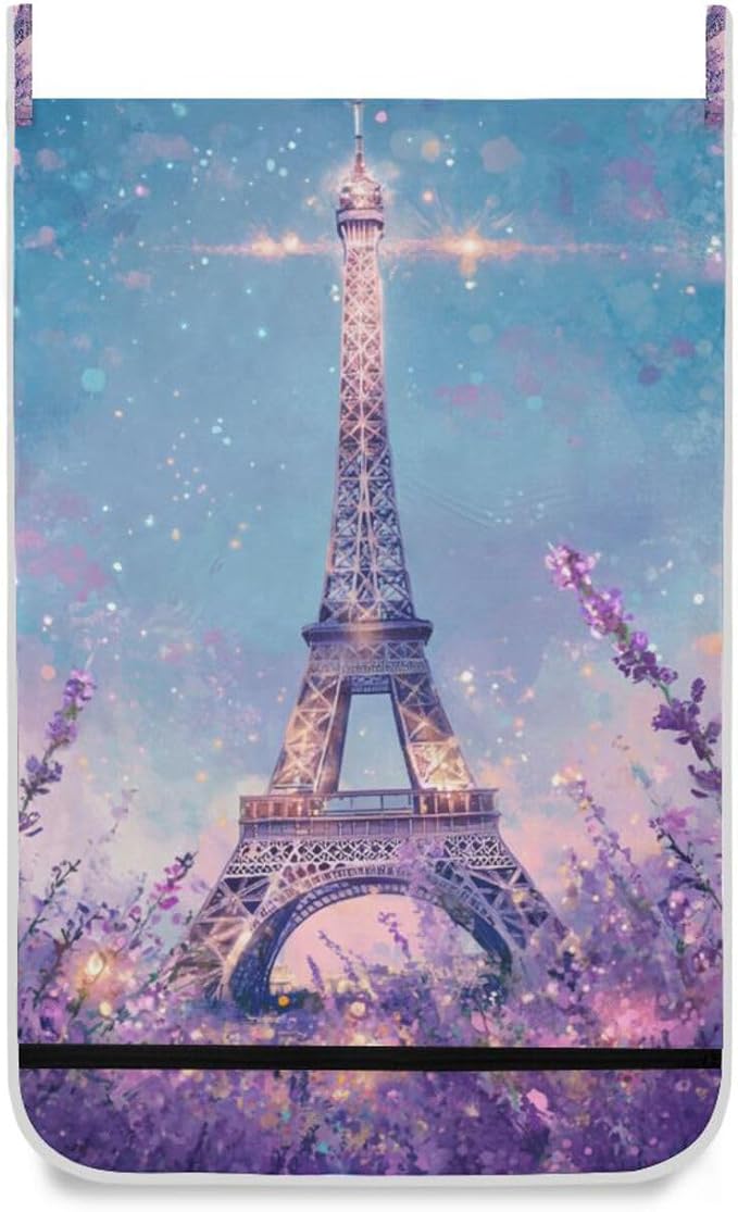 2PCS Hanging Laundry Hamper Bag Over the Door Laundry Hamper Wall Hamper Large Dirty Clothes Hamper with Stainless Steel Hooks 29.5x20Inch Lavender Eiffel Tower Purple