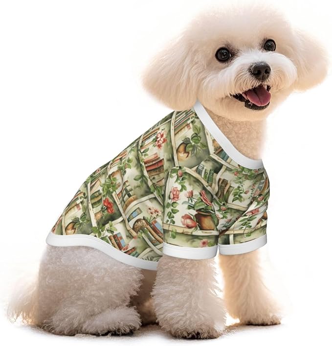 Vintage Bookshelf Dog T Shirt Dogs Cats Cotton Shirts Short Sleeve Clothes Soft Stretchy Pet Costume Doggy Outfit Pullover Jumper Puppy Sweatshirt Medium