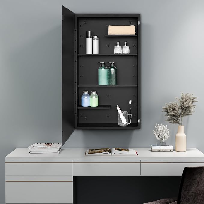 Black Metal Medicine Cabinet, 20 x 36 Beveled Mirror, Recessed Wall Storage | Recessed or Surface Mount Mirrored Cabinet with Adjustable Staggered Shelves, Piano Hinge, Reversible Door Swing, Matte Black