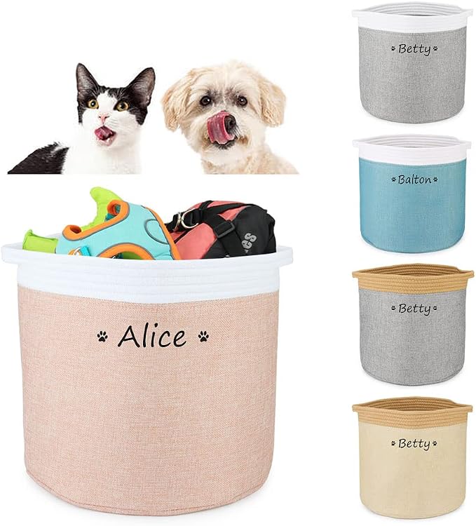 Personalized Dog Toy Storage Basket Bin Collapsible Customized Pet's Name Round Storage, Organizer for Dog Toys、Clothing、Apparel & Accessories with Box (Paw White Blue)