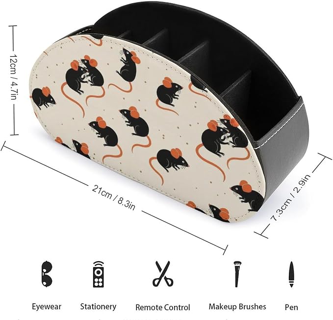 Remote Control Holder Cute Rat 5-Slot Office Storage Caddy Box | Makeup Brush Organizer, Pu Leather, Cute Rat Desktop Accessory for TV Remotes Media Player