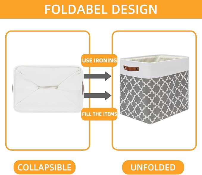 DULLEMELO Storage Baskets Large 17"x12"x15" Foldable Rectangular Storage Bins Baskets for Organizing [2 Pack] Fabric Nursery Storage Baskets for Home,Office,Closet,Clothes,Toys (White&Lattice Grey)