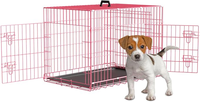 Dog Crate Dog Cage Dog Kennel Outdoor Metal Wire Double-Door Folding Pet Animal Pet Cage for Small Dog 24 inches with Plastic Tray and Handle,Pink
