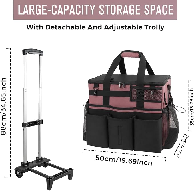 SCAVATA Rolling Cleaning Caddy Bag with Detachable Trolley & Wheels | Large Cleaning Supply Organizer, Portable Multi-Pocket Cleaning Cart for Housekeeper, Adjustable Shoulder Strap, LotusPink