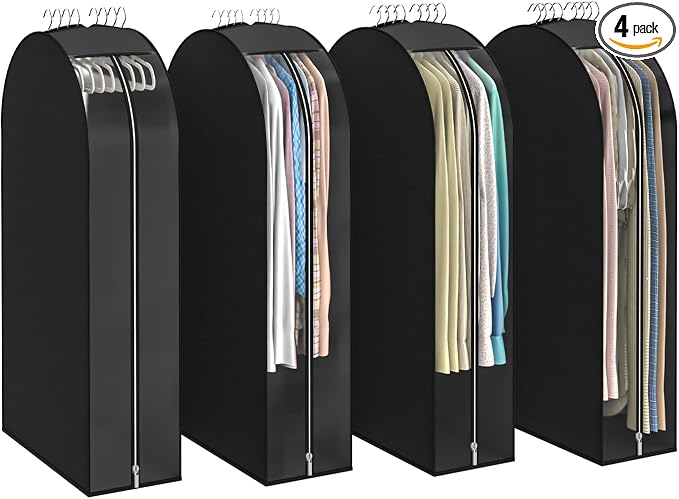 Black Garment Bags for Hanging Clothes, 4-Pack, 43" | Upgraded thickened clear garment bags with 10" gusset for closet storage of shirts, coats, dresses